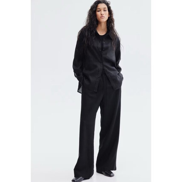 NEW! H&M Linen Blend Relaxed Pants High Waisted Black  SZ M - Picture 1 of 9